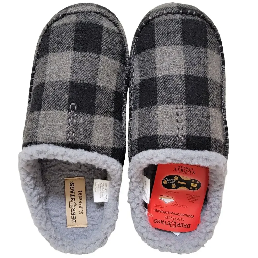 Deer Stags Men Nordic Supro Slip On Clog Slippers Size US 8W Grey Black Plaid